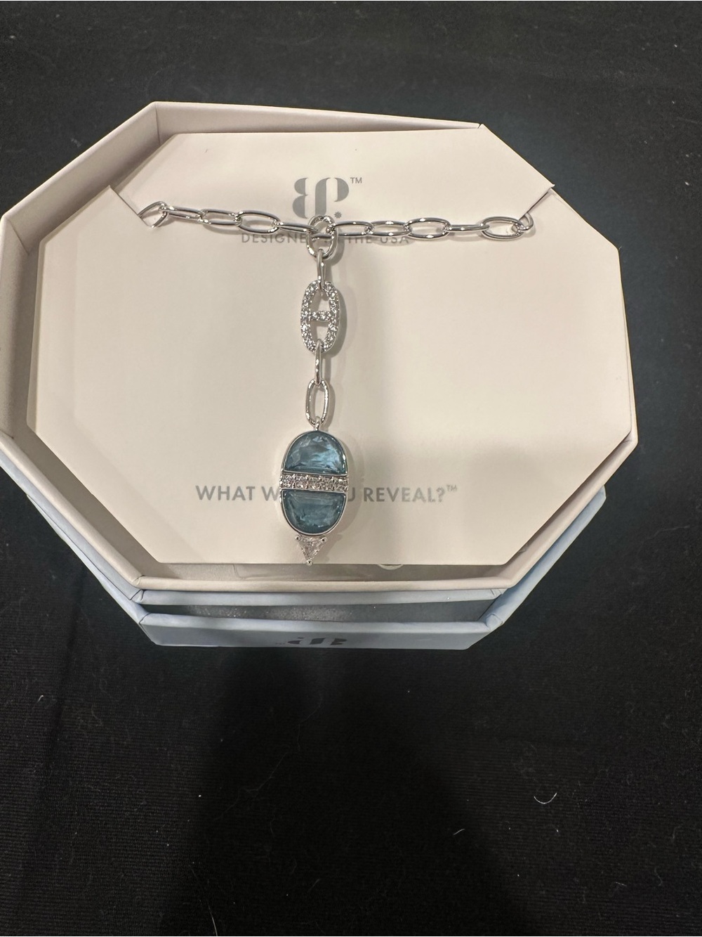 Silver Chain Necklace with Blue Oval Gem and Crystal Accent